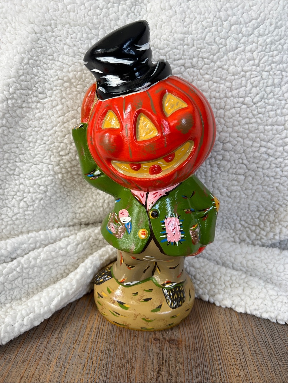 Halloween Ceramic Painted Pumpkin Head Scarecrow Decor 13" Figure Vintage 1970s